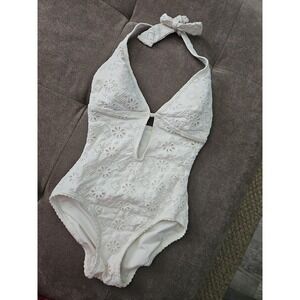 Kate Spade White Eyelet Lace Swimsuit | Floral Embroidery Halter One Piece | XS